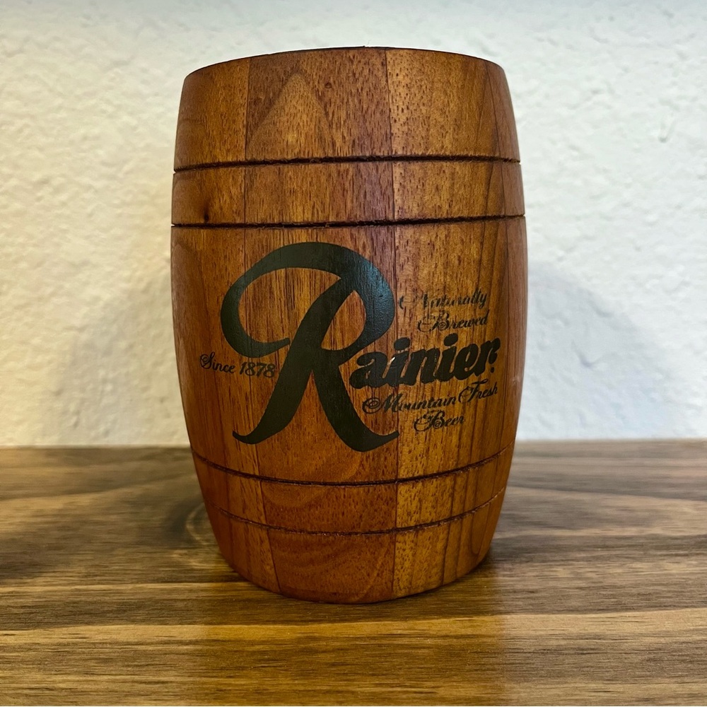 Rainier Wooden Barrel Piggy Bank Vintage